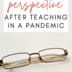 Rectangular eye glasses on a taupe background under red text that reads: Finding Perspective as a Teacher @moore-english #mooreenglish moore-english.com