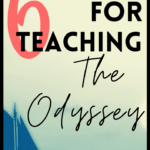 Blue Greek style boat on blue washed horizon background beside black lettering about teaching The Odyssey
