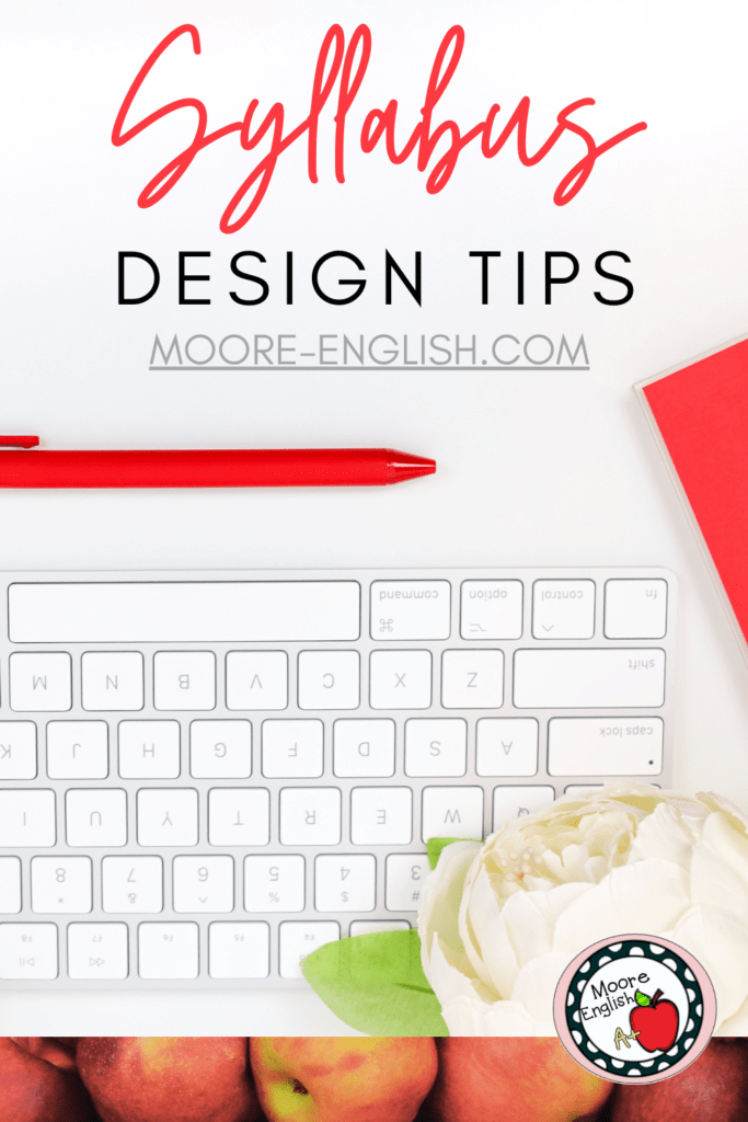 iMac keyboard beside red pen and envelope. This appears under text that reads: Syllabus Design Tips for Secondary Teachers @moore-english.com #mooreenglish