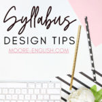 iMac keyboard appears beside black and white striped envelope, gold pencil, black and white polka dot pencil, and pink envelope. This appears under text that reads: Syllabus Design Tips for Secondary Teachers @moore-english.com #mooreenglish