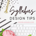 iMac keyboard appears beside black and white striped envelope, gold pencil, black and white polka dot pencil, and pink envelope. This appears under text that reads: Syllabus Design Tips for Secondary Teachers @moore-english.com #mooreenglish