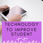 A white tablet and pen appear on a white surface under text that reads: My 3 Favorite Tech Tools For Improving Student Annotations and Close Reading #mooreenglish @moore-english.com