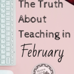 Pink background with silver and white Apple keyboard and mouse beside black text about the truth about teaching in February