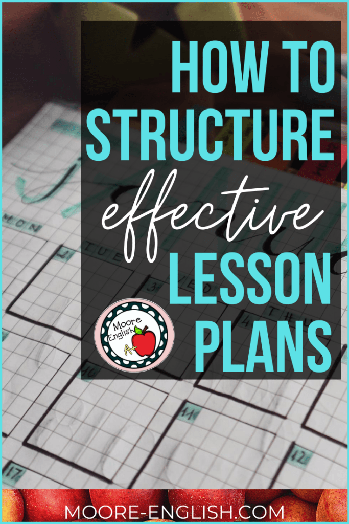 A bold and colorful planner or personal organizer with colorful post-it flags beside electric baby blue lettering about designing and structuring effective lesson plans