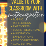 Gold and blue light bulb beside yellow and white lettering about adding metacognition to the classroom
