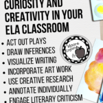 Watercolor paints and canvas beside black lettering about ways to promote curiosity and creativity in your ELA classroom