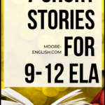 Open book with yellow lights in the background beside black text about short stories for high school