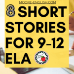 Woman in a yellow short tutoring a classmate. A book is open on the table in front of them. This appears under text about 8 short stories for 9-12 ELA