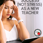 A woman in a white blouse is stressed near her computer. This appears under text that reads: 10 Tips for New Teachers