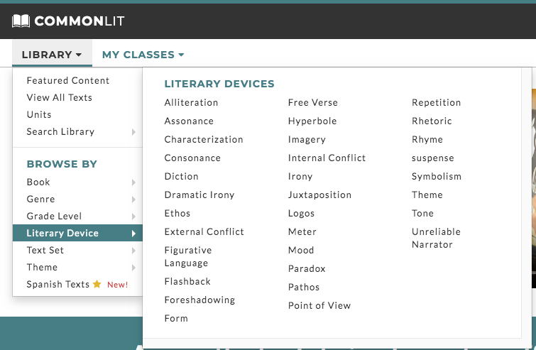 A screenshot of CommonLit's drop-down menu, which users can short by literary devices 