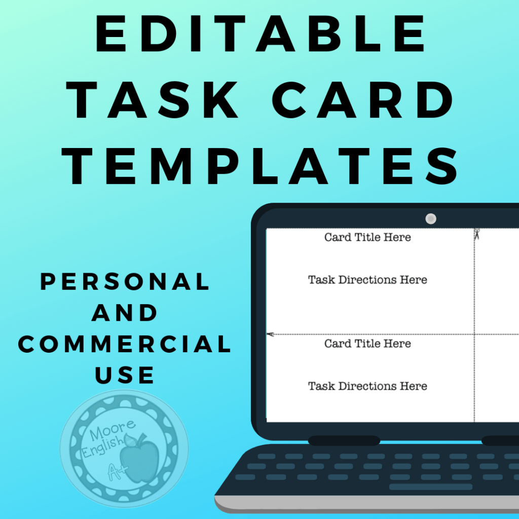 Blue background with open black laptop displaying a set of digital task cards. The text reads: Editable Task Card Templates Personal and Commercial Use