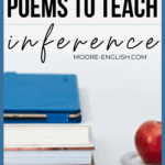 Background features blue lined paper while foreground features an iPad in a blue tablet cover atop a stack of textbooks, beside legos, a Google Eco, and an apple next to black texts about using poetry to teach inference