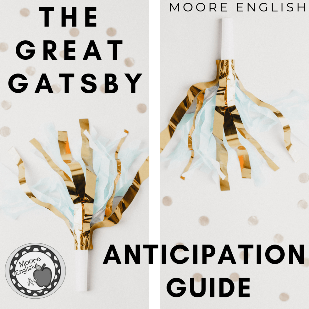 Gold party horn or whistle beside black block text that reads: The Great Gatsby Anticipation Guide Freebie @moore-english.com #mooreenglish