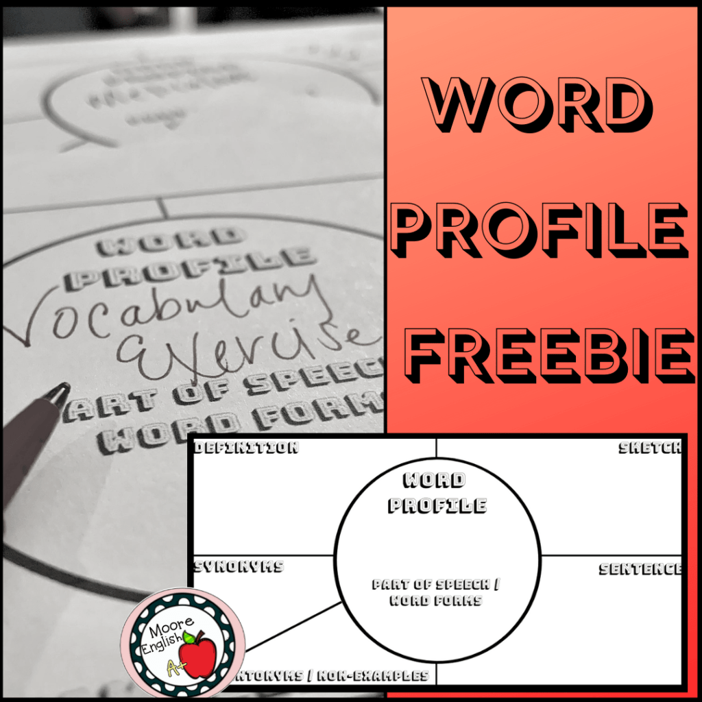 Orange backround beside black and white photograph of vocabulary graphic organizer with block text that reads: Word Profile Freebie @moore-english.com #mooreenglish