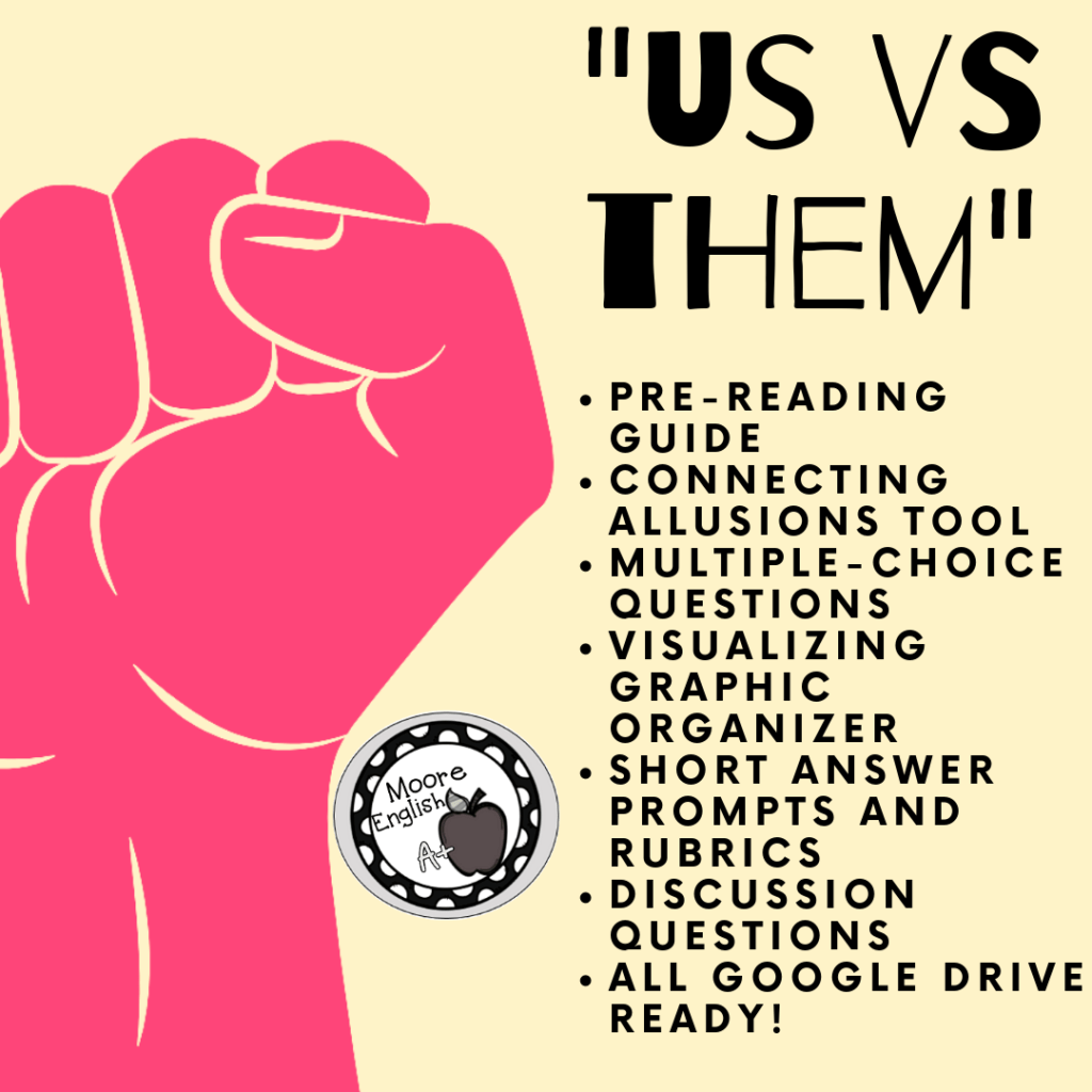 Yellow Background with Upraised Red Fist cartoon beside black text that reads: Us Vs. Them Poetry Sampler Freebie