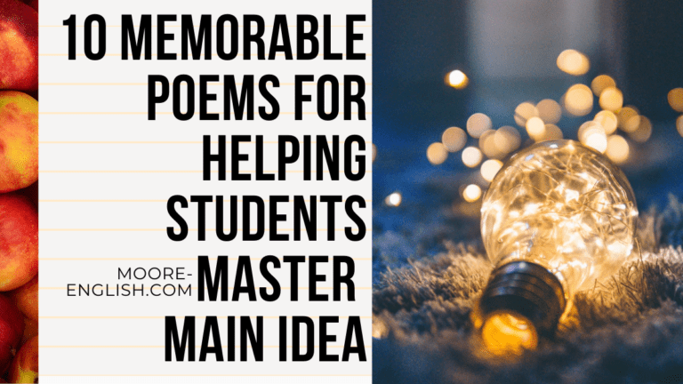 Blue and Gold Lightbulb surrounded by twinkle lights and beside black text about using poetry to teach main idea