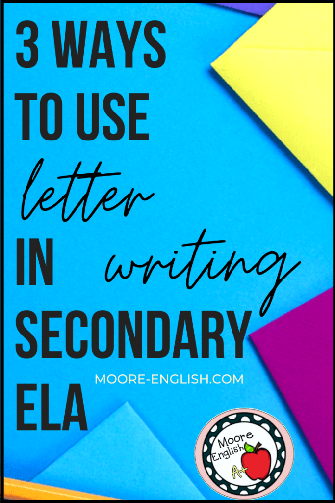 Bright Blue Background with Neon Colored Envelopes and a Yellow Pencil beside black script about using letter writing in the classroom