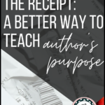 Stack of purchase receipts beside black lettering about teaching author's purpose