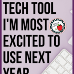 Lavender background with white Apple Keyboard, Stapler, and Pencils beside black text about Technology Tools in the Classroom
