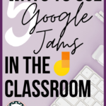 Lavender background with white Apple Keyboard, Stapler, and Pencils beside black text about Google Jams and Google Jamboards in the Classroom