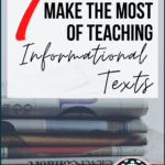 Stack of neatly folded newspapers beside black and red text about teaching informational texts