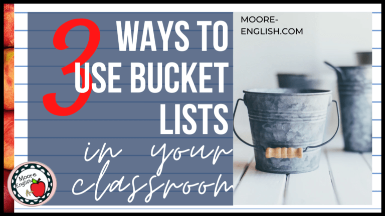 Silver Bucket or Pail Beside White and Red Letttering About Using Bucket Lists in the Classroom