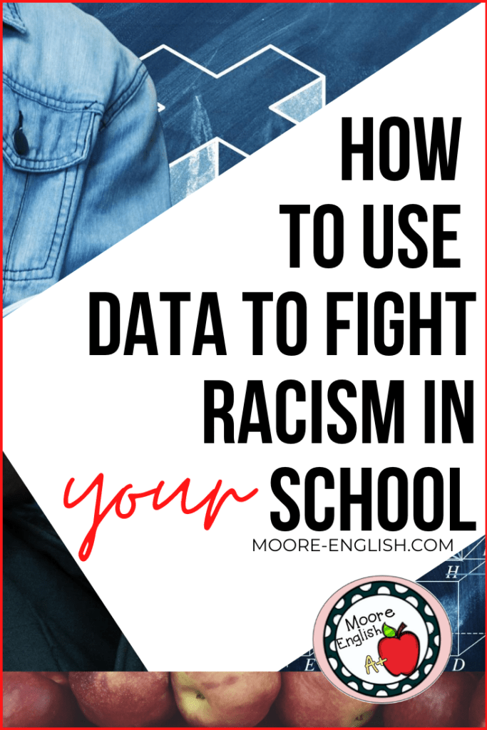 Blue background of math and science equation beside the shoulder of a man in a denim jacket carrying a black backpack beside black and red lettering about using data to fight racism in your school