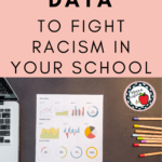 An open laptop sits on a desk beside data printouts and colored pencils. This image appears under text that reads:How to Use Data to Fight Racism in Your School #mooreenglish @moore-english.com