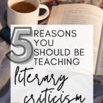 White coffee cupt rests beside an open book. This appears under text that reads: 5 Reasons You Should be Teaching Literary Criticism, and 5 Ways to Make it Happen