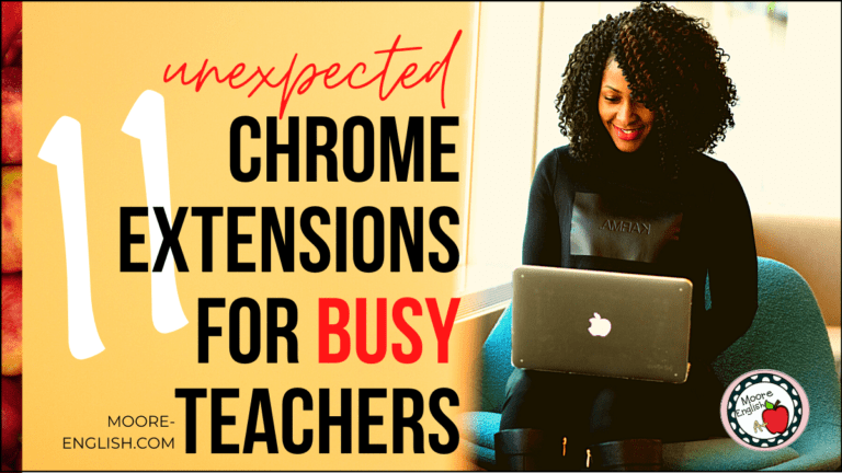 Black Woman Sitting in Teal Desk Chair with silver Macbook Air beside black and red lettering about Chrome extensions for busy teachers