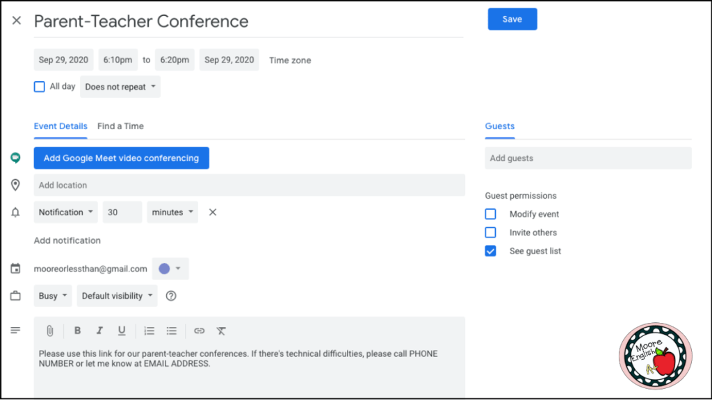 Screenshot of a Google Calendar invitation for Parent-Teacher Conferences 