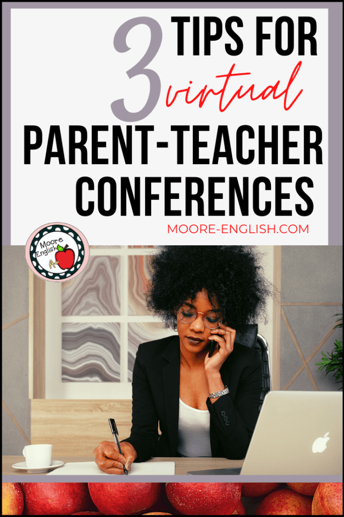 Seated Black woman on the phone, taking notes, and beside an open, silver Macbook. Beside black, purple, and red letters about parent-teacher conferences