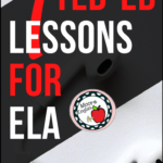 White Apple Earbuds connected to a white phone beside black, red, and white lettering about 7 Ted-Ed Lessons for ELA