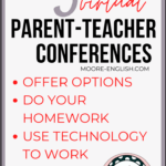 Black, red, and purple lettering about virtual parent-teacher conferences