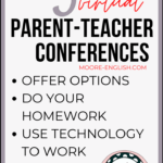 Black, red, and purple lettering about virtual parent-teacher conferences