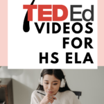 A young girl wearing headphones uses a laptop. This image appears under text that reads: 7 Ted-Ed Lessons for Secondary ELA Teachers #mooreenglish @moore-english.com