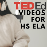 A young girl wearing headphones uses a laptop. This image appears under text that reads: 7 Ted-Ed Lessons for Secondary ELA Teachers #mooreenglish @moore-english.com