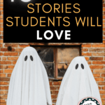 Two bedsheet ghosts stand in front of a brick wall, which appears under text that describes 15 frightening stories students will love