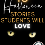 A pair of yellow cat eyes look out from a black background. This appears under text that reads: 15 spooky titles for secondary ELA