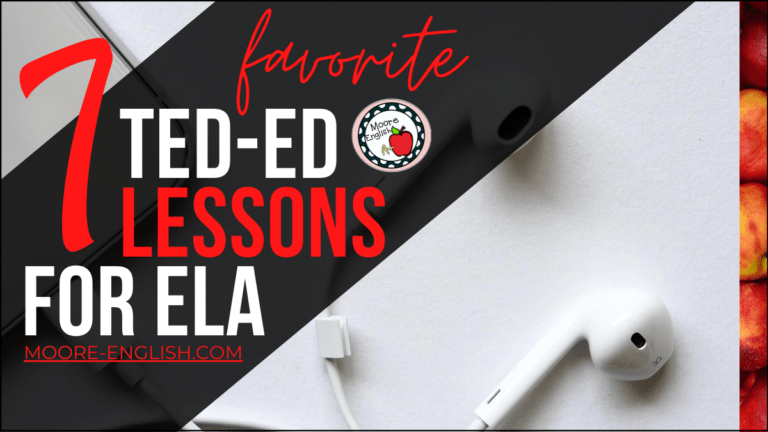 White Apple Earbuds connected to a white phone beside black, red, and white lettering about 7 Ted-Ed Lessons for ELA