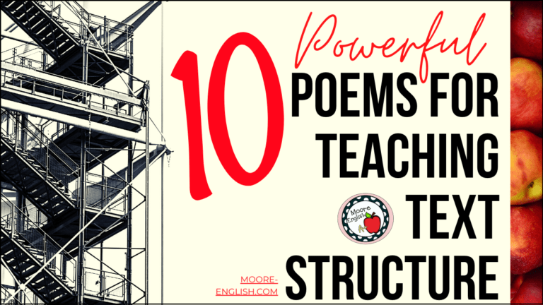 Black and white scaffolding beside black and red lettering about poems to teach text structure