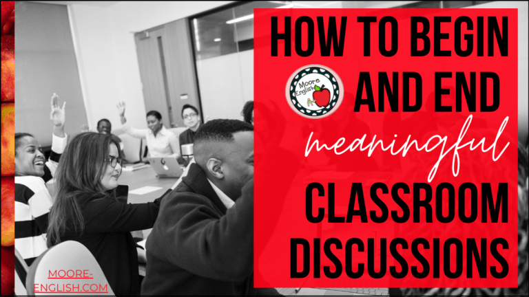 Black and white image of well-dressed students sitting around a circular table, hands raised and engaged in a discussion beside black and white text about classroom discussions