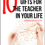 White background with white and gold polka dot gift box with pink ribbon being wrapped by white hands beside black and red lettering about gifts for teachers