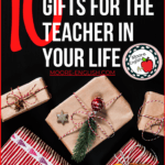 Black background with red and brown paper wrapped Christmas gifts and presents beside white and black lettering about the perfect gifts for teachers