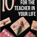 Black background with red and brown paper wrapped Christmas gifts and presents beside white and black lettering about the perfect gifts for teachers