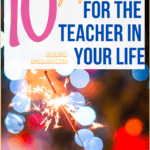 Multicolor holiday sparker beside pink, gold, and blue lettering about the perfect gifts for teachers