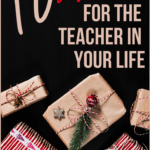 Black background with red and brown paper wrapped Christmas gifts and presents beside white and black lettering about the perfect gifts for teachers