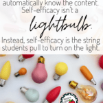 White background with multicolored light bulbs in all shapes and sizes. Beside black text about teaching students to develop self-efficacy