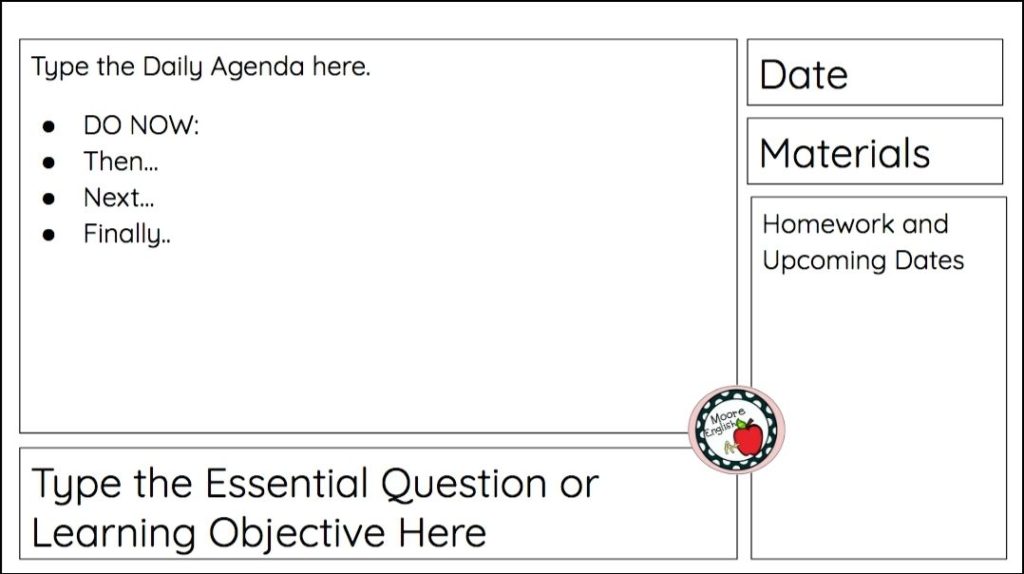 White Google Slides screenshot featuring a Daily Agenda broken into squares for the agenda, essential questions and learning targets, the date, materials, and upcoming homework and due dates 