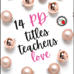 Rose gold holiday ornaments on a white background beside black font about professional development books that teachers love